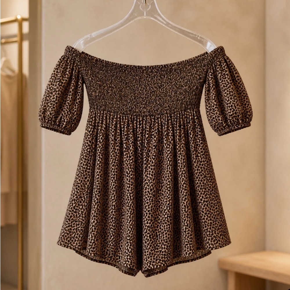 Forever 21 Brown Leopard Print Off-Shoulder Romper